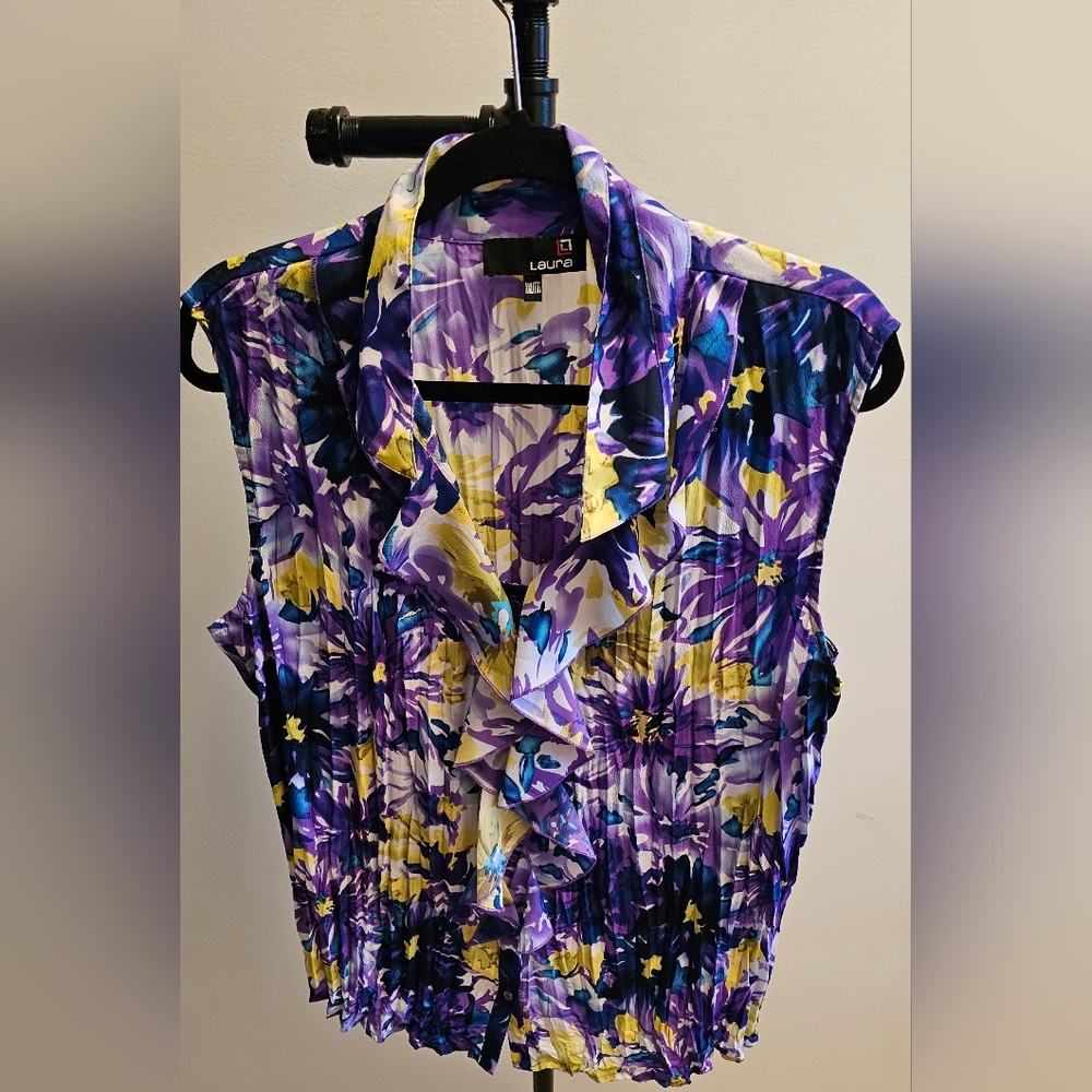Laura XXL Purple, Black, and Yellow Ruffled Sleeveless Top!